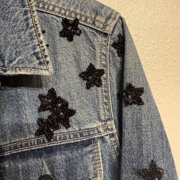 Paige Denim and Star Sequins Distressed Jean Jacket Sz S - Picture 3 of 13